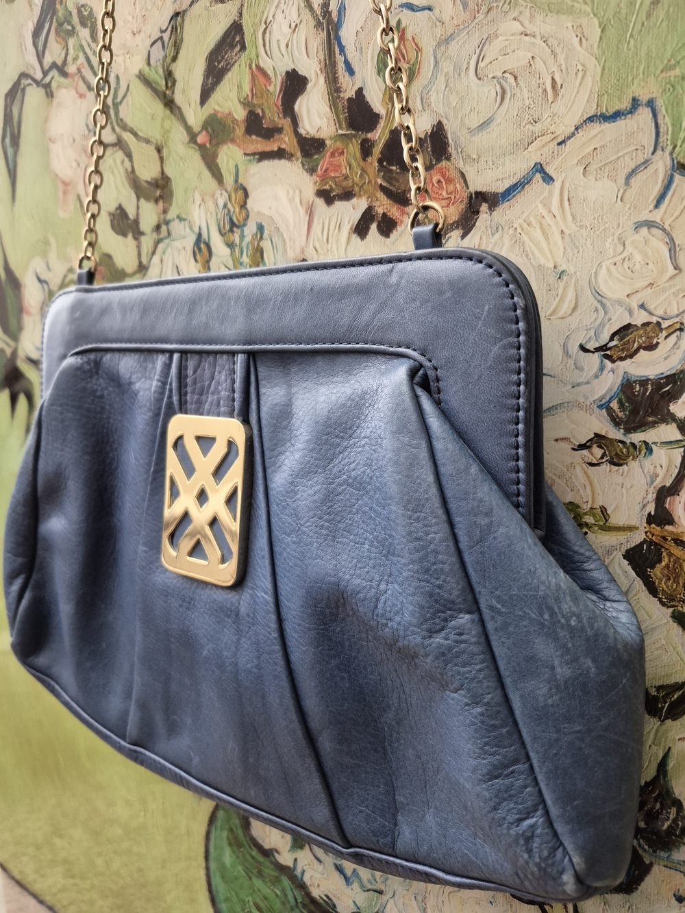 💕JOELLE HAWKENS Gold-Accent Blue Leather Shoulder Bag💕